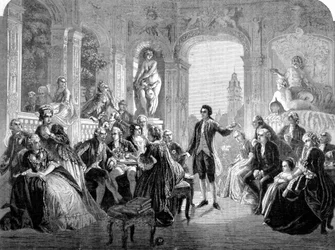 The German poet Johann Wolfgang Goethe at the Court of Margrave Frederic of Baden. Engraving after the painting by Federico Pecht