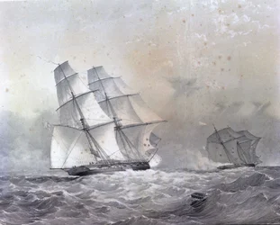 The HMS Acorn brigantine of 16 guns chasing the Negrier Gabriel