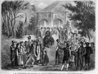 The Empress of the French Eugenie de Montijo (1826-1920) at the baths of Schwalbach (Duchy of Nassau, Today in Germany). Engraving in "The Illustrious Universe"