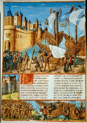 The King of France Louis IX (Saint Louis) embarking on the seventh crusade. Miniature from 