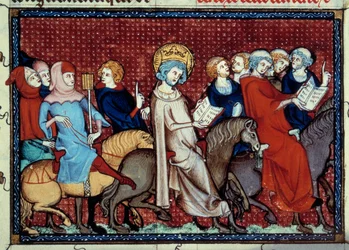 The King of France Louis IX (Saint Louis) Telling His Hours to His Chaplains from the Manuscript Life and Miracles of Saint Louis by William of Saint Pathus