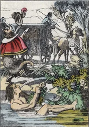The Marquis de Carabas pretends to drown while the booted cat calls for help. Illustration of the tale 