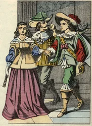 The Marquis of Carabas, the princess and the king in the castle. Illustration of the tale 