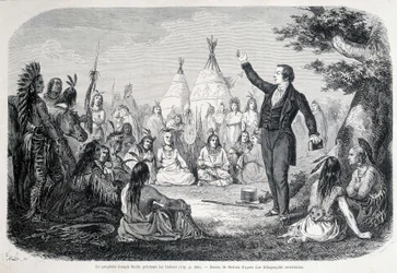 The Mormon Prophet Joseph Smith Preaching to the Indians (North America). 19th Century Illustration