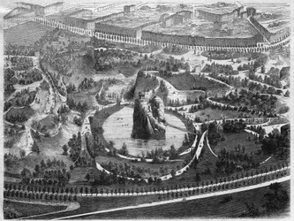 The Parc des Buttes Chaumont, a public garden in the 19th arrondissement of Paris built under the initiative of Napoleon III, created by Baron Haussmann.