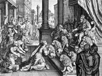 The Queen of Sheba before King Solomon - engraving from a 17th century bible