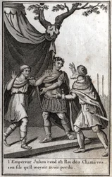The Roman Emperor Julian (Flavius Claudius Julianus, Julian the Apostate, Julian the Philosopher, Julian II) (332-363) gives back to the king of the Germanic people of the Chamaves his son whom he thought he had lost. 4th century. Engraving in Beaute de l