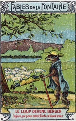 The Wolf became Berger - Fables by Jean de La Fontaine (1621-95) - Chromolithography of the end of the 19th century Private Collection