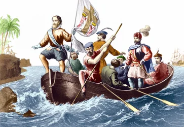 The arrival of Christopher Columbus in San Salvador on 12/10/1492. Engraving c. 1876