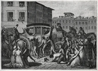 The arrival of Pope Pius VI (Giovanni Angelo Braschi known as Pius VI, PIO 1717-1799) in Grenoble in 1799. Engraving from 1800.