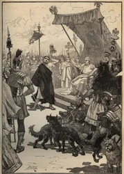 The art of glass: glass tempered in ancient Rome. A craftsman throws a glass vase against slabs and the object does not break to the surprise of spectators, including Emperor Tiberius. Engraving from 1885 in 