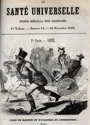 The art of losing weight and getting overweight: one man walks while another is transported in a carriage - engraving in 