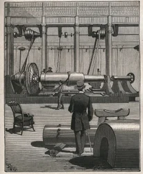 The art of tour: shooting a steel monster cannon. Engraving from 1885 in 