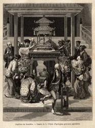 The baptism of the Buddha, an annual feast that takes place on the 8th day of the 4th month, devotees water the bronze statue of the Buddha exposed for the occasion in front of the temples. Engraving to illustrate the journey to Japan, by Aime Humbert, min