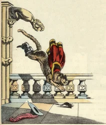 The booted cat, having asked the ogre to turn into a mouse, leaps to devour it. Illustration of Charles Perrault