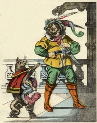The boot cat meets the ogre. Illustration of the tale 