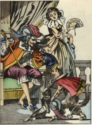 The boot cat offers the rabbit to the king from his master, the Marqui de Carabas. Illustration of the tale 
