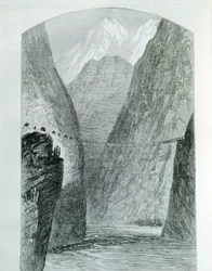 The bridge over the Apurimac River, engraving. Peru