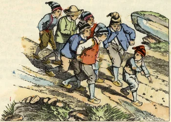 The brothers follow the Little Poulet who sowed white pebbles on the way. Illustration of the tale 