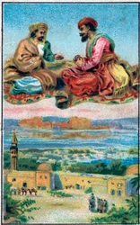 The carpet delights. History of Prince Ahmed and the fairy Pari Banou. Tale of 1001 nights. Chromolithography of the late 19th century.