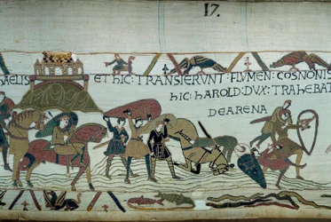 The conquest of Brittany by the army of the Duke of Normandy William the Conqueror (1027-1087): the crossing of the Riviere du Couesnon at the height of Mont Saint Michel, men and horses sink into the moving sands (detail)