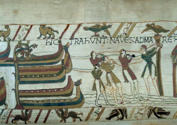 The conquest of England by the army of Duke of Normandy William the Conqueror (1027-1087): barely built ships are put to sea (detail)