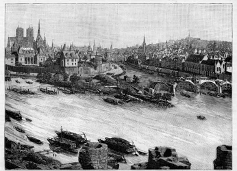 The construction of the Pont Neuf in Paris passing through the Square du Vert-Galant at the end of the Île de la Cité. The first works in 1578. Engraving in 