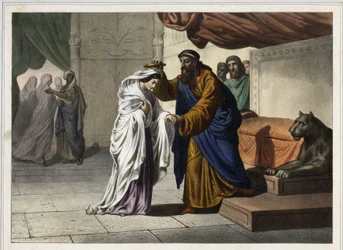 The coronation of Esther: Persian king Ahasuerus I (Xerxes I) crowns his wife Esther. Anonymous engraving from the 19th century.