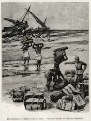 The debarkage at Chimbye of the Peters expedition. Engraving to illustrate the story Au secours d