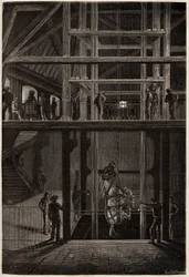 The descent of a horse in the Creusot mines, used in underground tunnels for the transport of coal carts. Engraving to illustrate a voyage to the Creusot and the mines of Saone and Loire, in 1865, by L. Simonin, in 