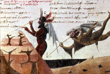 The devils in a circle of hell after a handwritten edition of the Divina Commedia (Divine Comedy) by Dante Alighieri (1265 - 1321) of the 14th century. Bibl.Trivulziana Milan