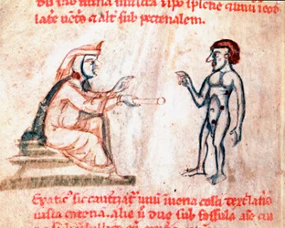 The doctor burns the patient on painful areas with hot irons (Miniature from the manuscript De Medicina cauteriorum secundum Brunum, Rugerium et Rolthe, 13th century)