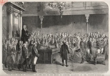 The duke of Wellington (Arthur Wellesley (1769-1852)) stands at the bar of the House of Commons to receive the congratulations of the Speaker on his victory at Vimeiro, Peninsular War