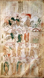 The entry of Henry VI of the Holy Roman Empire (1165-1197) into Rome and his coronation as Emperor on 14/04/1191 by Pope Celestine III. Page taken from the “Liber ad honorem Augusti” by Pietro da Eboli (Peter of Eboli) - (codex 120, fol. 105), 13th