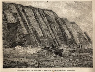 The exploitation of guano (seabirds excrement, uses as fertilizer in agriculture), the cliffs of the Chincha islands (close to the Peruvian coast) are dug on stairs for intensive harvesting of raw material, which loads in wagons is directly loaded in boats