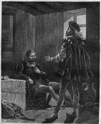 The explorer and navigator Christopher Columbus (1451-1506) returning from his third trip is chained in the cargo hold