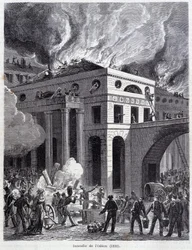 The fire of the Odeon (1820) (engraving, late 19th century)