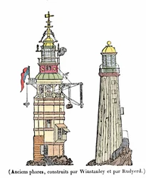 The first and second lighthouse in Eddystone. The first, built in 1696, disappeared one night of storm in 1703; the second collapse in 1775 due to a fire