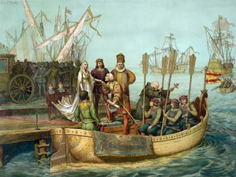 The first trip: Christopher Columbus greeting Queen Isabella of Castile at the port of Palos before departure in 1492