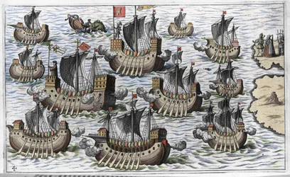 The Fleet of Christopher Columbus to Conquer the New World - in Nova Tipus Transacto Navigatio Novi Orbi by Philoponus Honorius