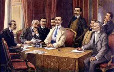 The Founders of the Fiat by L. Delleani (1840 - 1908). From the Left (Seated): Count Bisometti, Lawyer Racca, Count Bricherasso, Ceriana, Giovanni Agnelli, Lawyer Scarfiotti, Ferrero and (Standing) Luigi Damevino and Lawyer Goria Gatti. Late 19th Century