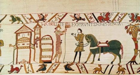 The gate of Hastings opens for the Normans to march against Harold, Bayeux Tapestry