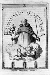 The gonfalon of the Inquisition in Goa, Portuguese colony in India - A Dominican representative bears the emblem of the Inquisition: a sword and an olive branch, symbol of punishment, but also of peace and justice