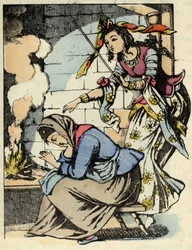 The good fairy of Cinderella and Cinderella. Illustration of Charles Perrault
