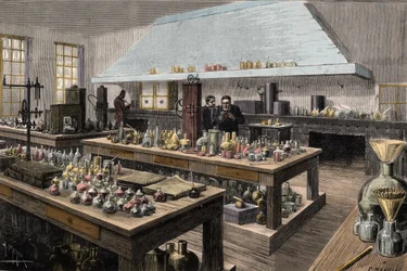 The great laboratory of Louis Pasteur (1822-1895), French chemist and biologist, at the Ecole normale superieure - Louis Pasteur in his laboratory at the Ecole normale superieure - Engraving by Meyer 1884