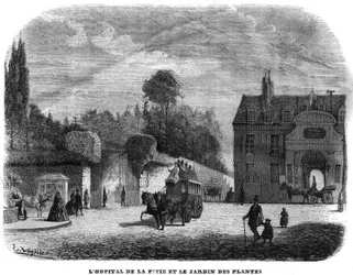 The hospital of Pitie Salpetriere and the garden of plants in Paris in 1858.