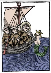 The Legend of Saint Brendan, Hero and Irish Saint of the 6th Century. The Meeting of Saint Brendan with the Siren. Engraving of 