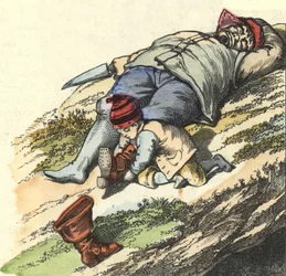 The little poucet steals the boots from 7 places from the sleeping ogre. Illustration of the tale 