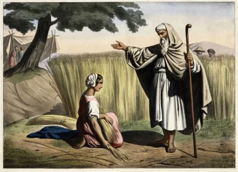 The meeting of Ruth and Boaz (Booz), grandparents of the King of Israel David (1000-972 BC). Anonymous engraving from the middle of the 19th century.