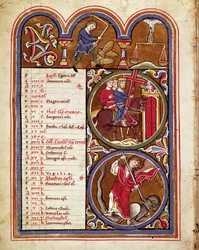 The month of September, agricultural work (harvests, threshing of the wheat with a flower), the feast of the exaltation of the cross, St. George defeating the dragon. Manuscript page from 